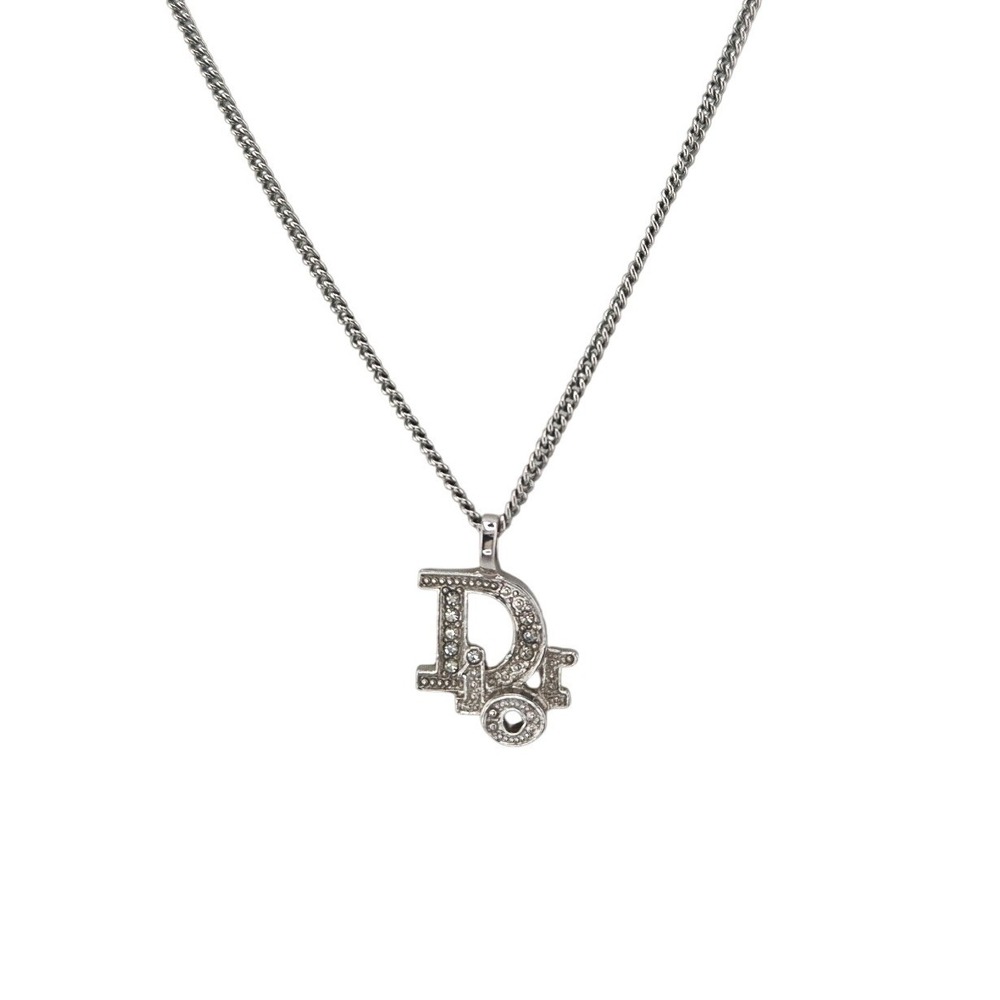 Dior Oblique Logo Necklace Silver Tone Crystal Pendant Curb Chain Mens Womens